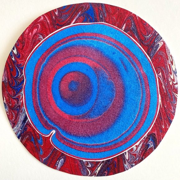 Blue Eye - Original Art Round Marbled Handmade Paper Painting Framed 7" - Picture 1 of 6